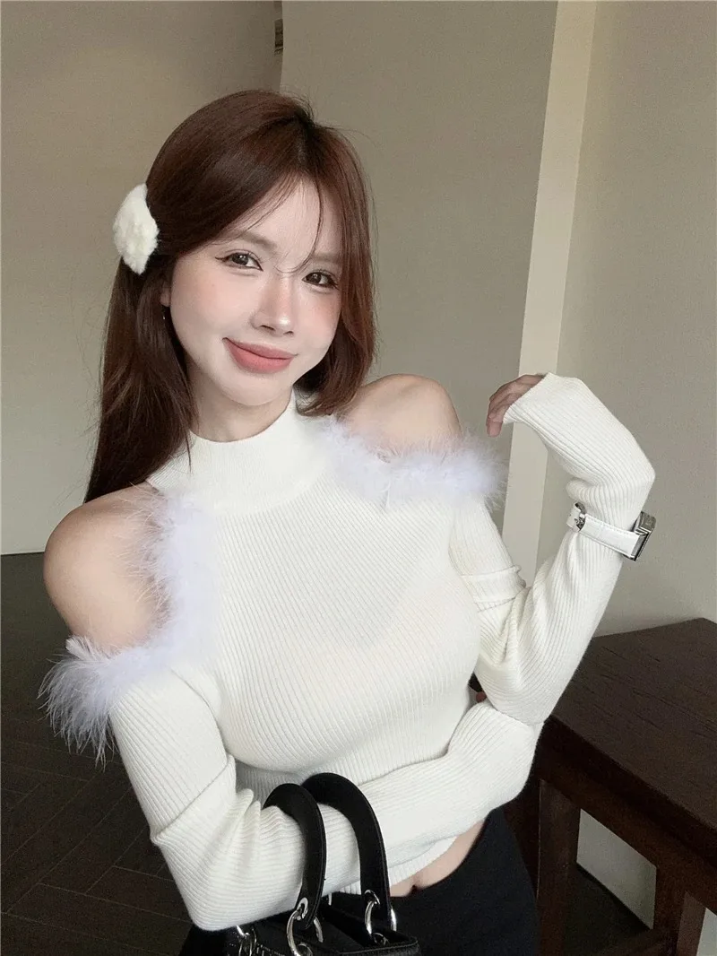 

Sexy Hollow Out Off Shoulder Knit Sweater Tops Pullovers Women Clothing Half High Collar Tunic Long Sleeve Jumper Pull Femme