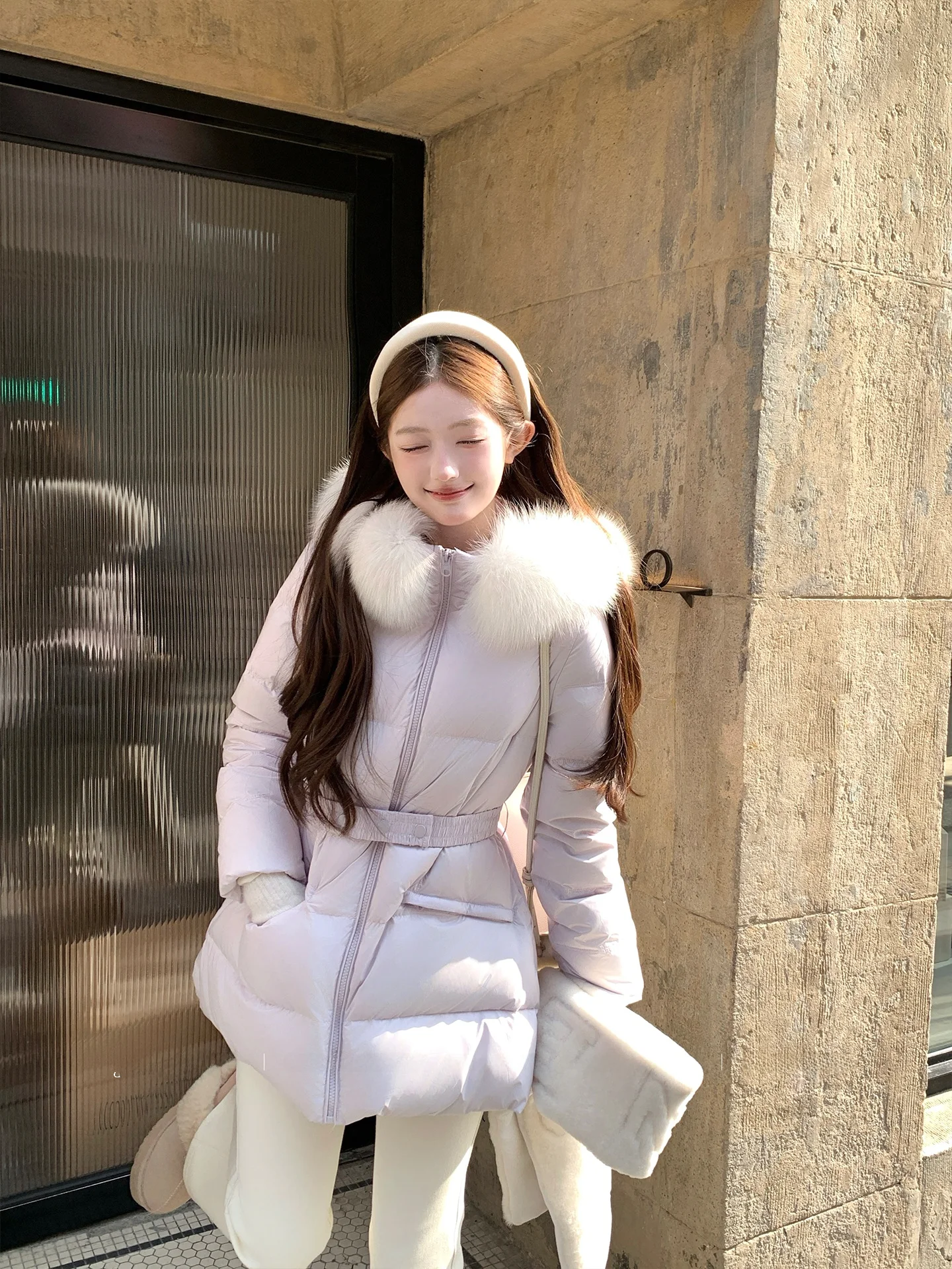 

Women's Purple Mid-Length Hooded down Jaet 90 White Du Feather Padded Coat Thiened Fur Collar Winter Korean Sle