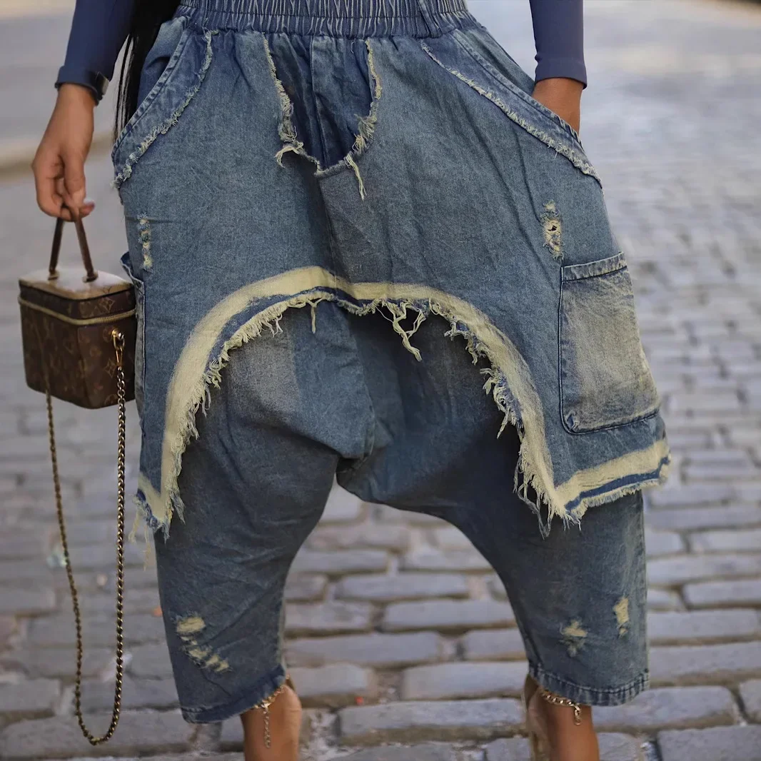 

Jeans Women Harem Pants Hole Elastic Waist Tassels Washed Distressed Pockets Streetwear 2025 Ripped Ankle Length Trousers