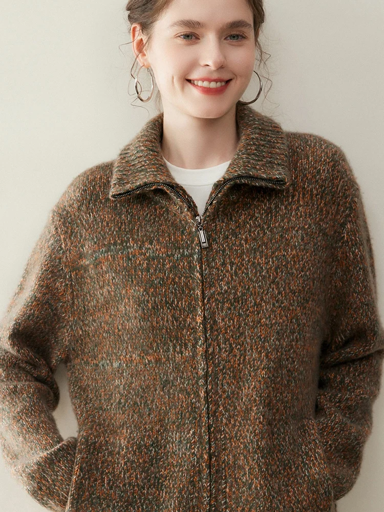 

Yoyoselect 100% Cashmere Women's Stand Collar Cardigan Zippered Design Sweater Autumn Winter Fashion Warm Soft Clothing Chic Top