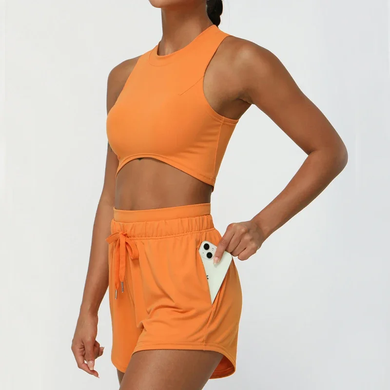 Mulheres duas peças de fitness yoga conjunto verão cor sólida ginásio correndo terno respirável secagem rápida curto roupas esportivas treino
