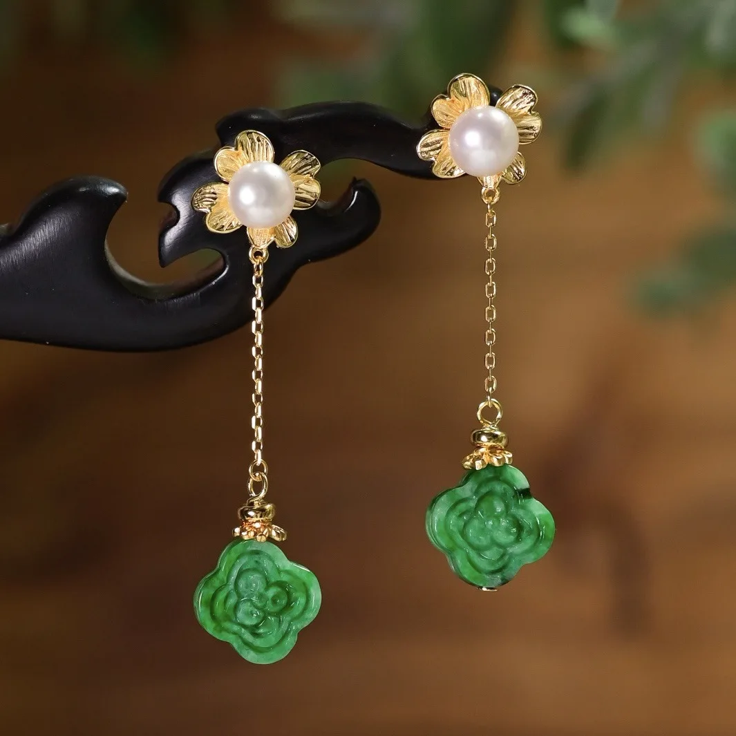 S925 Sterling Silver Inlaid Freshwater Pearl Earrings Natural A Grade Carved Dark Green Jade Clover Long Drop Jewelry