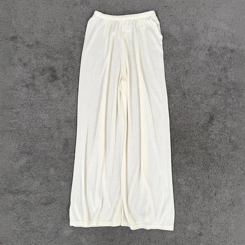 Women Soft Wool Blend Wide Leg Trousers, Elastic Waist Drawstring Knit Pants, Casual Loose Flowy Bottoms for All-Season Wear
