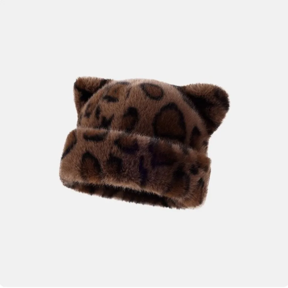 

Retro Autumn Winter Fisherman Hat Plush Cat Ear Basin Hat Cold Resistant Leopard Print Mongolian Hat Ear Protection Hat