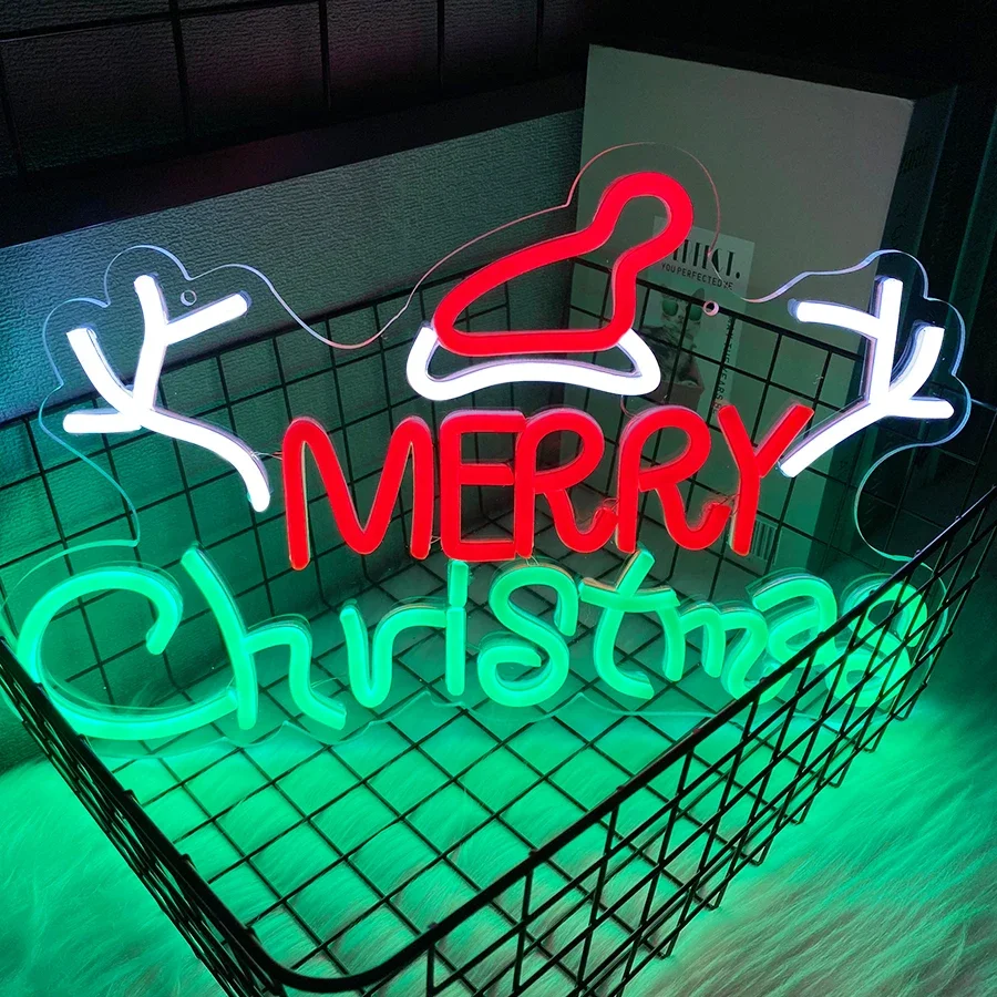 

Merry Christmas Neon Signs for Wall Decor, Red Hat LED Sign Neon Lights Sign USB Powered for Indoor Party Bedroom Bar Pub Club