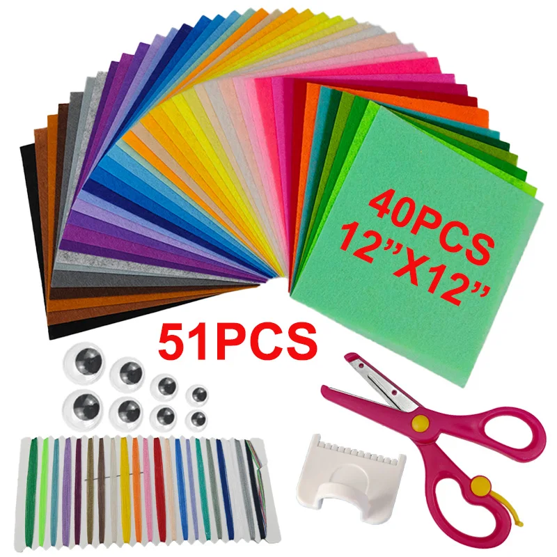 

51 набор для рукоделия, включающий квадратный нетканый войлок 30х30 см толщиной 1 мм, ножницы, глазки-маятники, иглы и нитки.