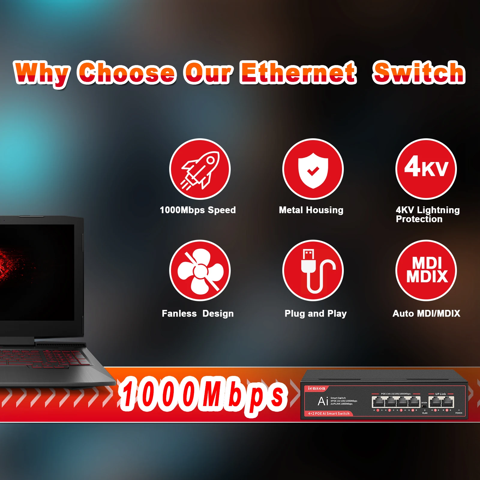 IENRepository-Commutateur intelligent réseau Gigabit Ethernet, commutateur Poe, 1000 Mbps, 4 ports POE + 2 ports UpLink, alimentation 52V pour caméra IP, routeur WiFi