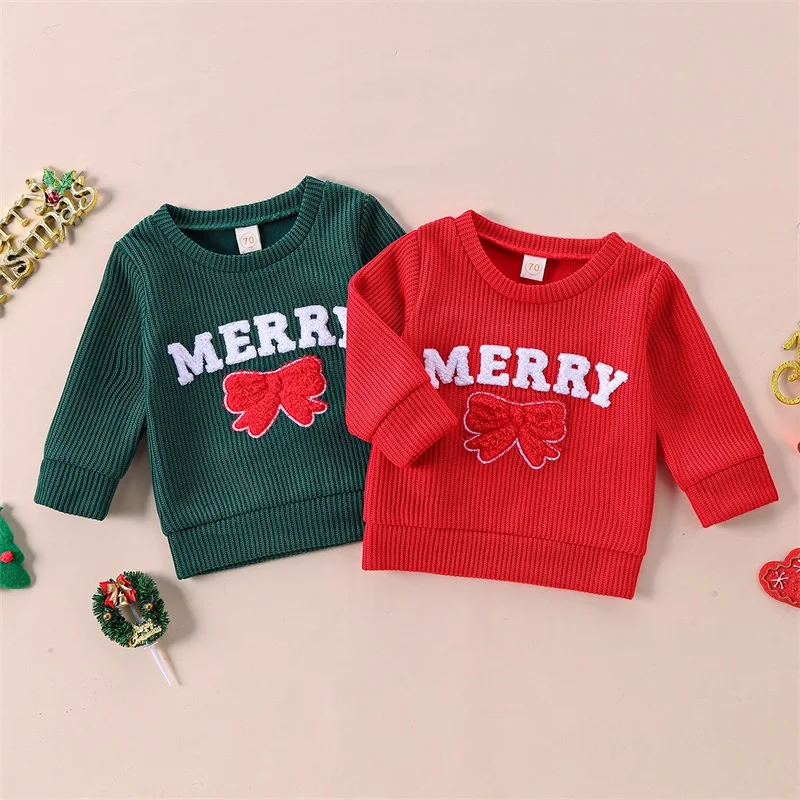

SUNSIOM 0-3 Years Baby Girls Christmas Sweatshirt Long Sleeve Crew Neck Embroidery Letters Bow Pullover Tops