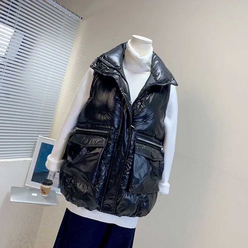 Women's Down Cotton Vest Autumn Winter New Fashion Versatile Shiny Surface Waistcoat Outerwear Waistcoat Warm Jackets