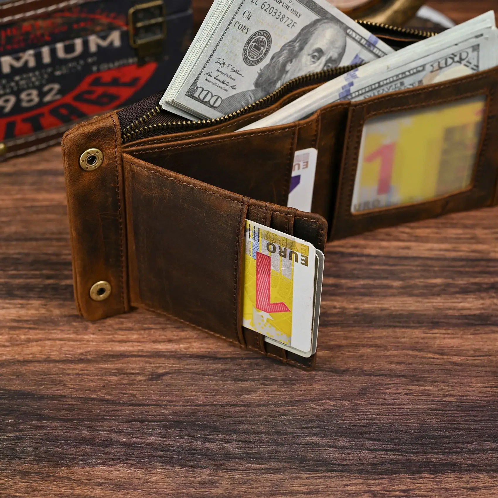 YETTIES Herren-Pull-Up-Geldbörse aus genarbtem Leder, kurzer Bifold-Reißverschluss mit abnehmbarer Kette, praktische Retro-Clutch für Herren – Detail 38