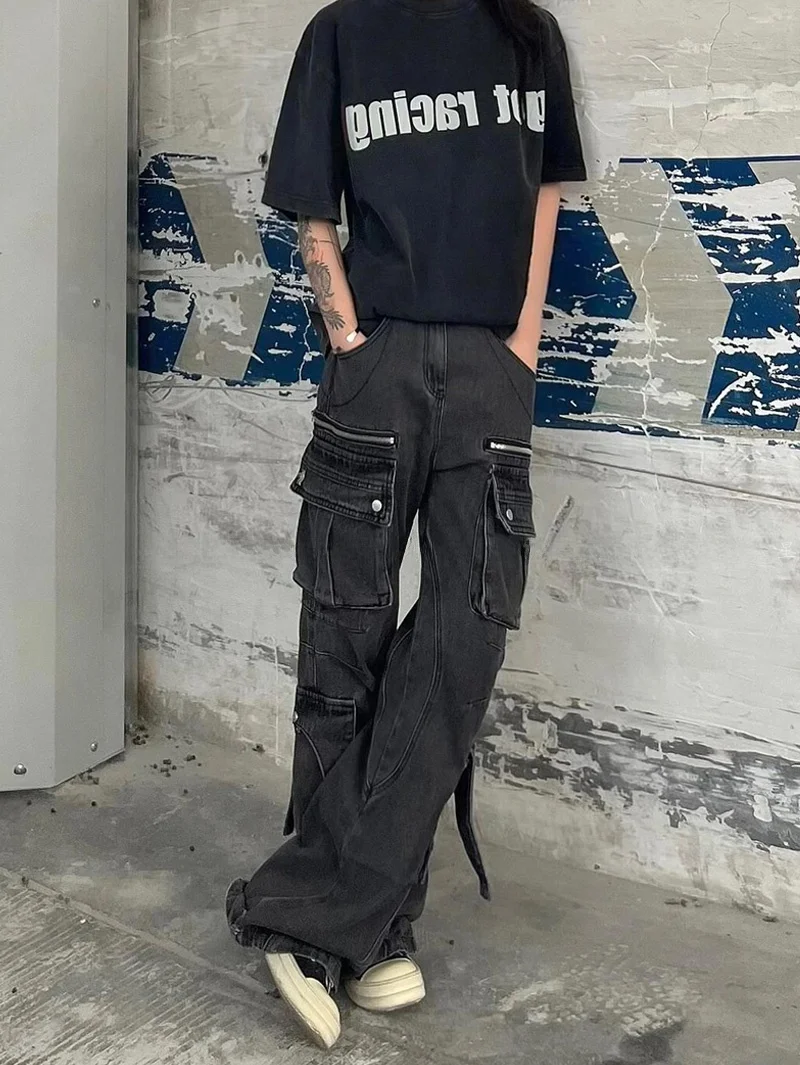 

Джинсы женские прямые в пол, в стиле High Street Design, с множеством карманов, летние, в стиле BF Lazy, хип-хоп, однотонные