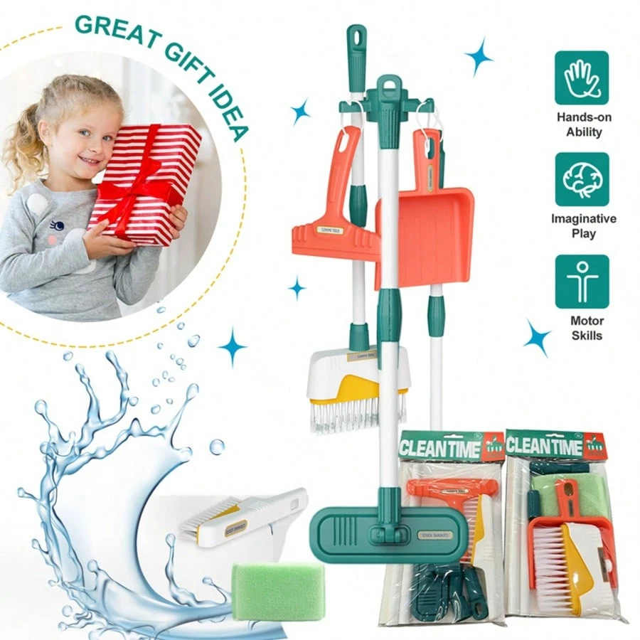 Kids Mini Cleaning Tools Set - Montessori Educational Pretend Play Simulation Broom Mop Dustpan Housekeeping Toy Gift for Toddle