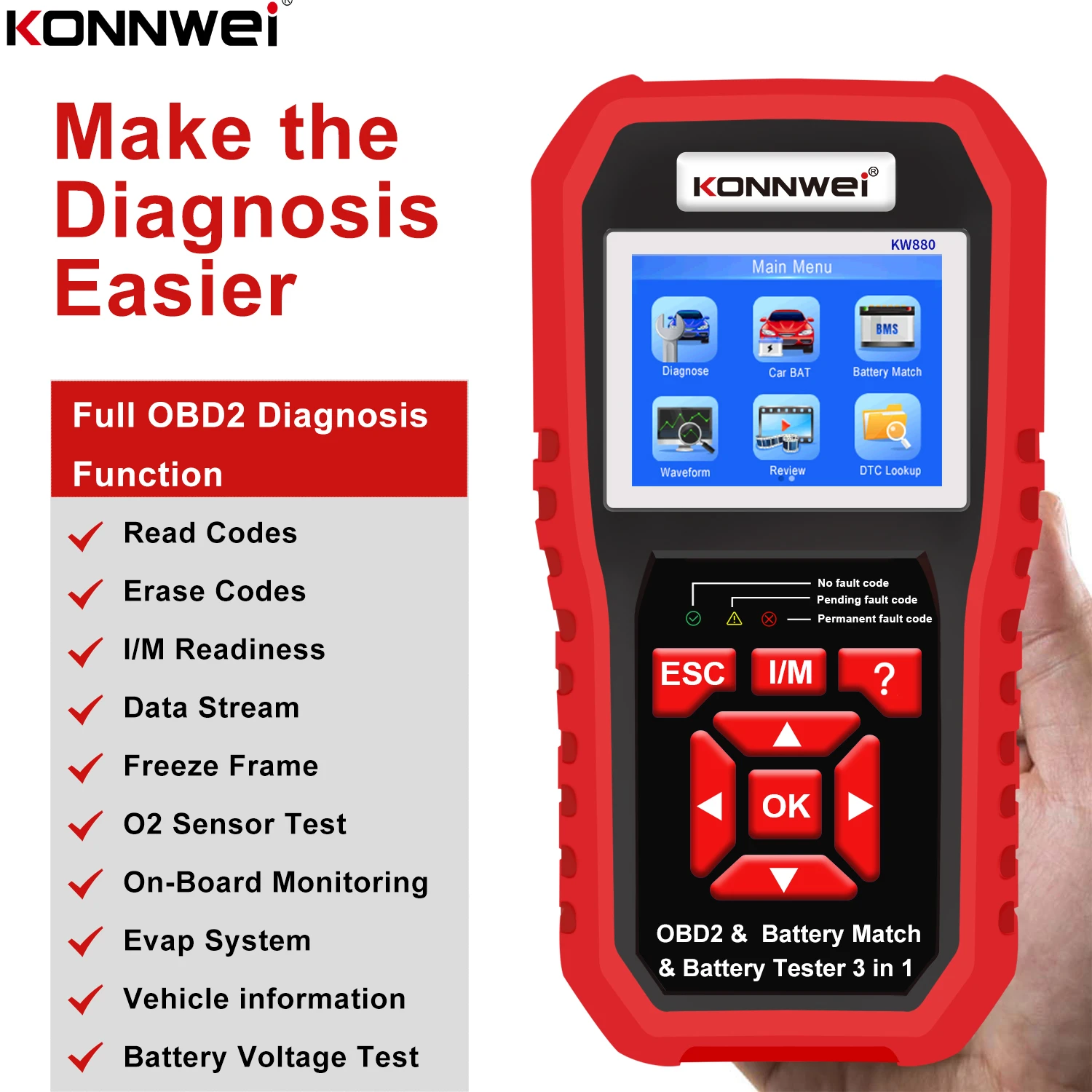 KONNWEI KW880 Car Battery Match Car OBDII Diagnostic Fault Scanner & Battery Tester for 6V-12V Motorcycle Battery Test