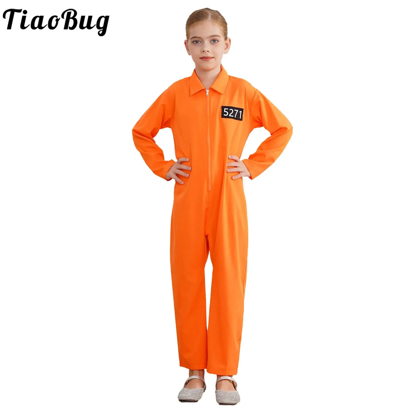 Kids Unisex Prisoner Cosplay Costume Long Sleeve Orange Jumpsuit Prison Uniform Child Halloween Sports Costume