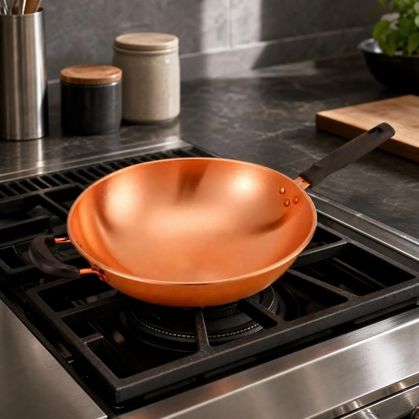 Pure Copper Saute Pan Round Flat Bottom Sloped Sides Twin Riveted Handles for Family Cooking