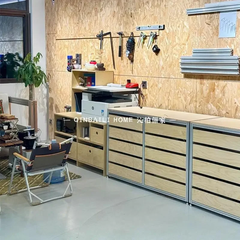 Floor-to-ceiling birch multi-layer storage cabinet Industrial wind aluminum profile storage cabinet Simple marine
