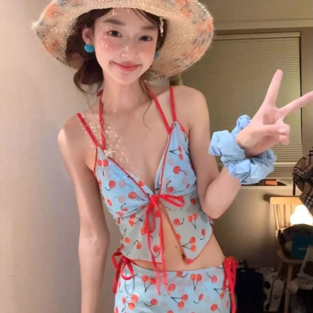 

4Pcs Girls Japanese Bikini Set Cherry V Neck Mesh Lace Up Sexy Swimwear Wrap Skirt Push Up Summer Holiday Sweet Take Pictures