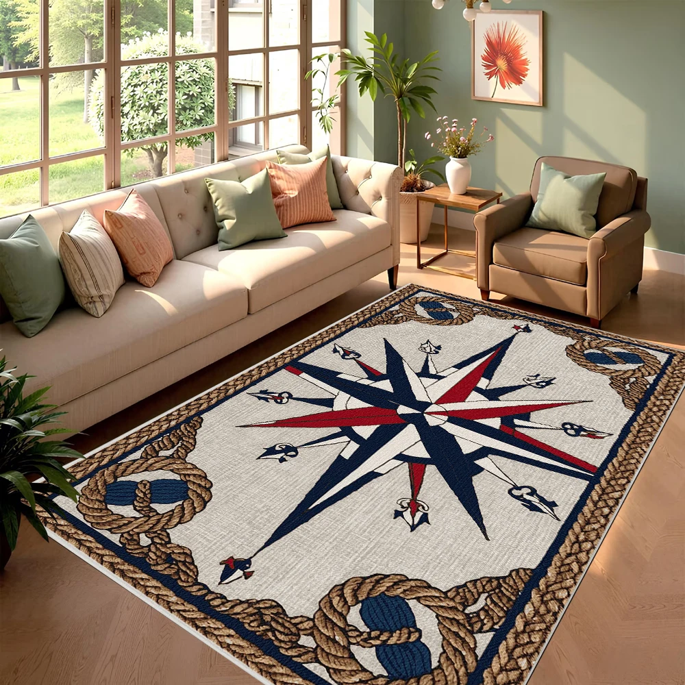 Compass Rudder Pattern Carpet Vintage Nordic Style Rug Indoor Bedroom Living Room Soft Decorative Door Mat
