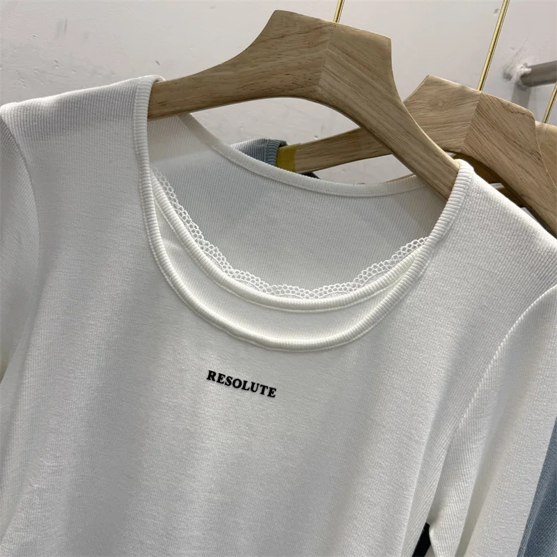 

Облегающая футболка с кружевной отделкой, женская базовая футболка, весна 2024, новинка Sle, повседневная, длинная свеча, круглая, стандартная длина