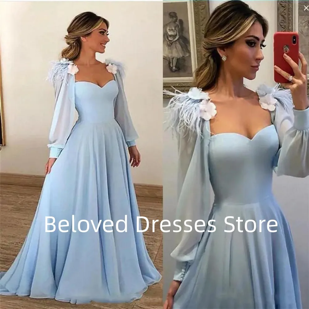 Vestido de noche azul cielo, vestido de bola, calcomanía de sirena con cuello en V, corbata de plumas, talla grande, manga larga personalizada, ilusión ajustada