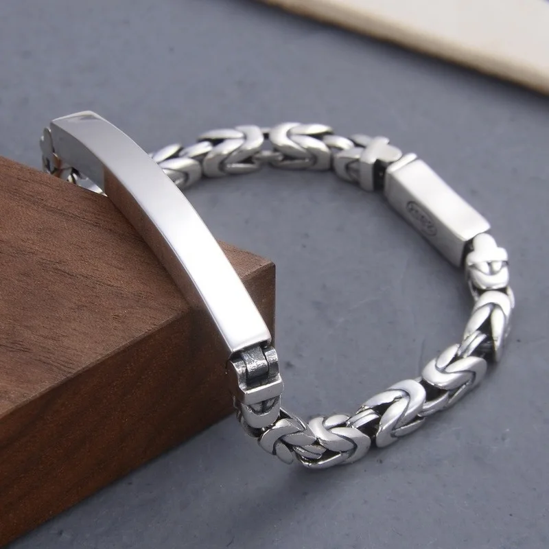 Real Solid 925 Sterling Silver Chain Men Lucky Byzantine Smooth Square Bend Tube Bracelet 23-24g/22cm