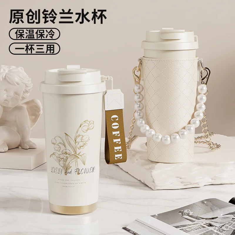 High Appearance 316 Stainless Steel Bell Orchid Insulation Student Gift Coffee Cup Portable Large Capacity Double Drink Straw Cu