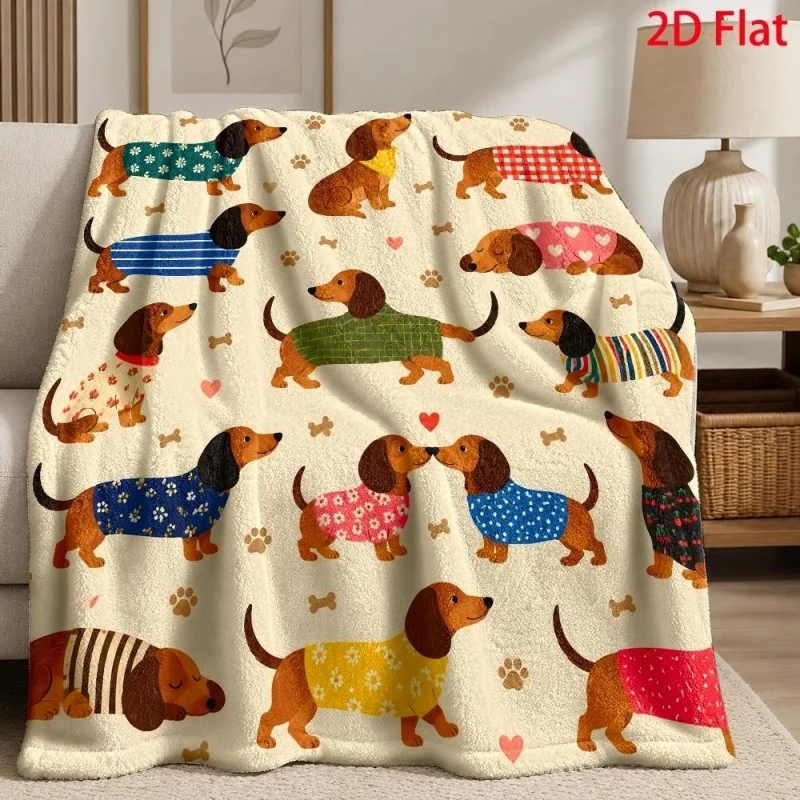 Flannel Throw Blanket Cute Dachshund Dog Colorful Clothes Paw Heart Print Warm Cozy Pet Lover Bed Throw Blanket