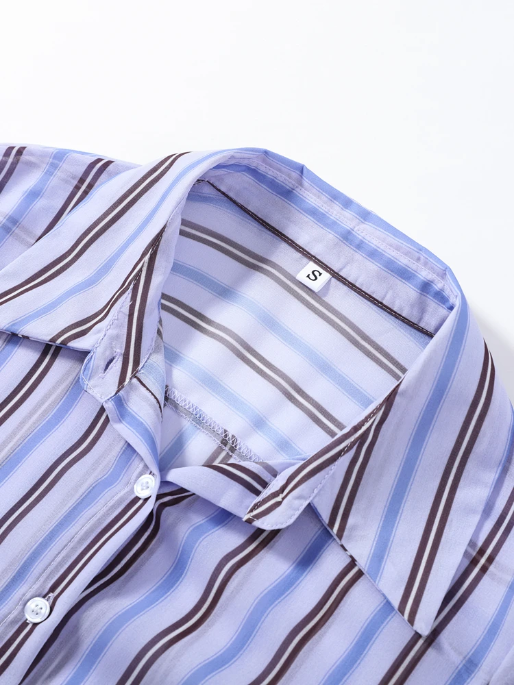 Gestreiftes, durchsichtiges Revers-Langarmhemd mit Hose für Damen – Sexy Bluse mit unregelmäßigem Saum und ausgestellter Hose – Schickes Damen-Set – Detail 4