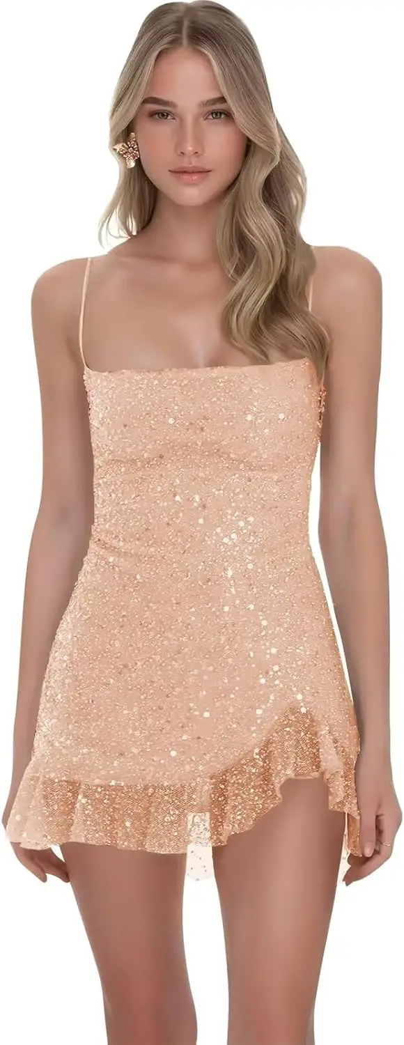 

Элегантные женские платья на тонких бретелях с блестками и рюшами для выпускного вечера, короткие вечерние коктейльные платья для подростков