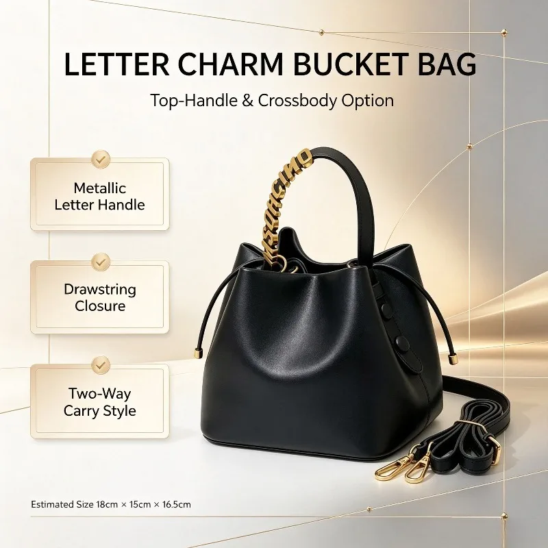 2026 New Ladies Gold Letter Print Drawstring Bucket Tote Premium Closure Roomy Daily Use Trendy Hot Sale Handbag