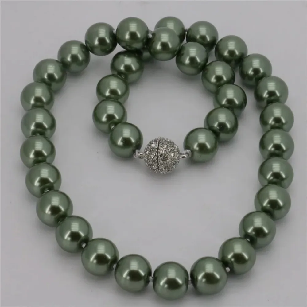 New Arrival 12mm Army Green South Shell Pearl Round Beads Necklace Wholesale Women Jewelry Beautiful New Magnet Clasp Grade