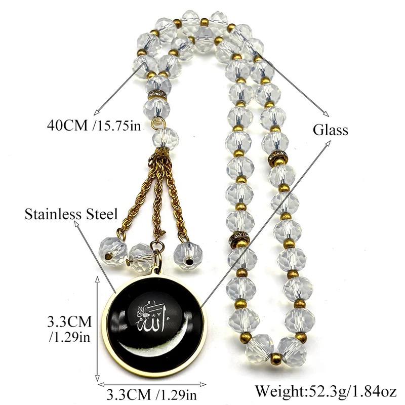 무슬림 이슬람 알라 초승달 유리 자동차 펜던트 체인 남녀용 스테인리스 스틸 골드 컬러 아랍 부적 체인 장신구