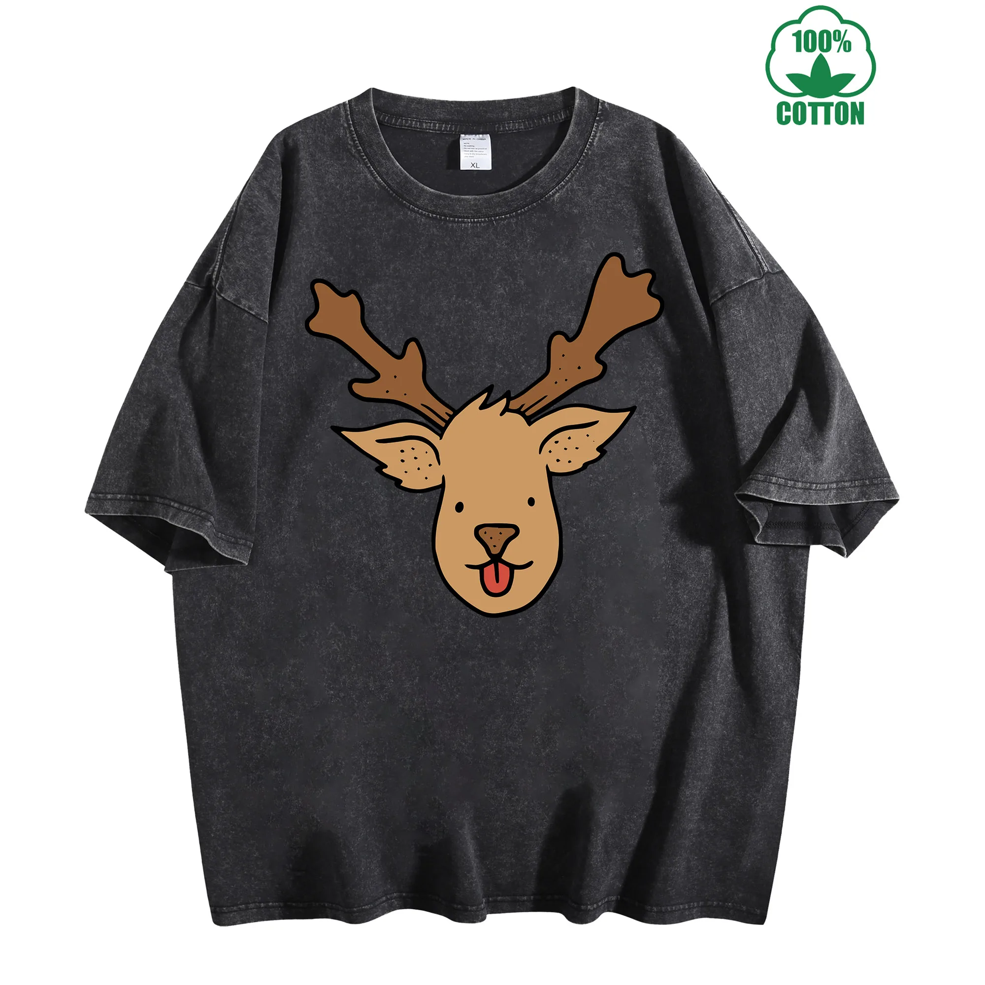 عيد الميلاد الرنة الجرافيك طباعة خمر غسلها تي شيرت 230 جرام 100% القطن للجنسين مريحة المتضخم الشارع الشهير #2