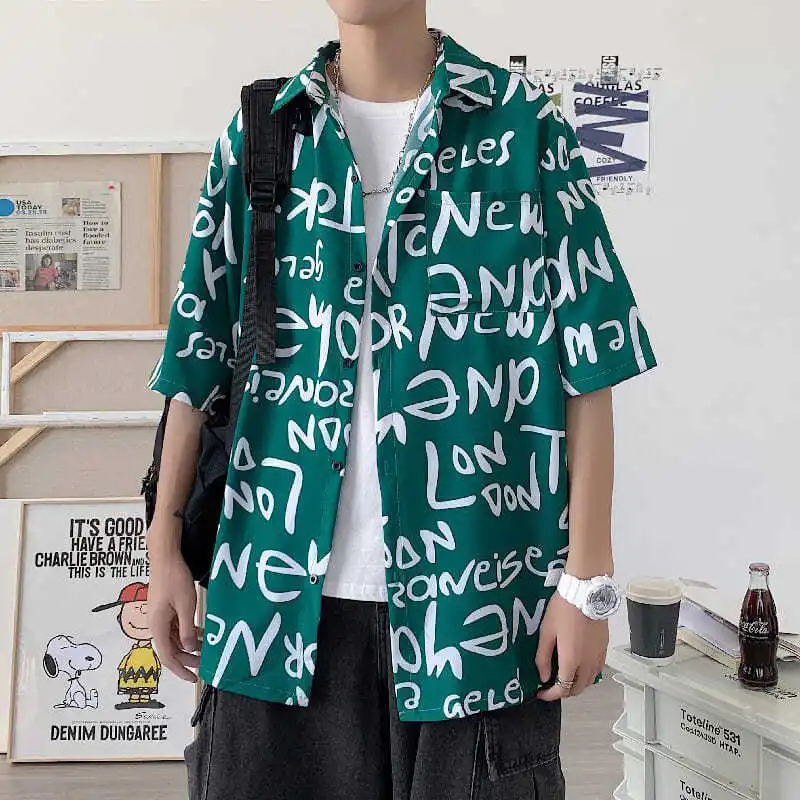 

Elegant Fashion Harajuku Slim Fit Ropa Hombre Loose Casual All Match Outerwear Square Neck Printed Button Short Sleeve Blusa