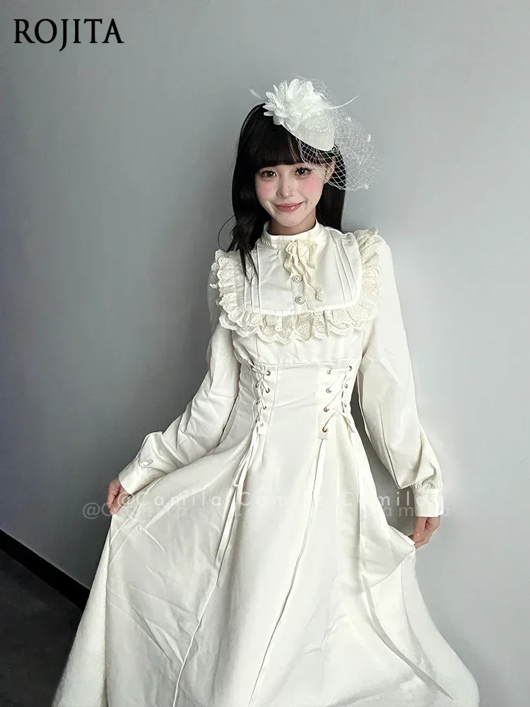 القوطية نمط ربيع الخريف مزاجه عالية الخصر فستان طويل للنساء الحلو الدانتيل دمية طوق الدانتيل متابعة فساتين خمر 2025 جديد #2