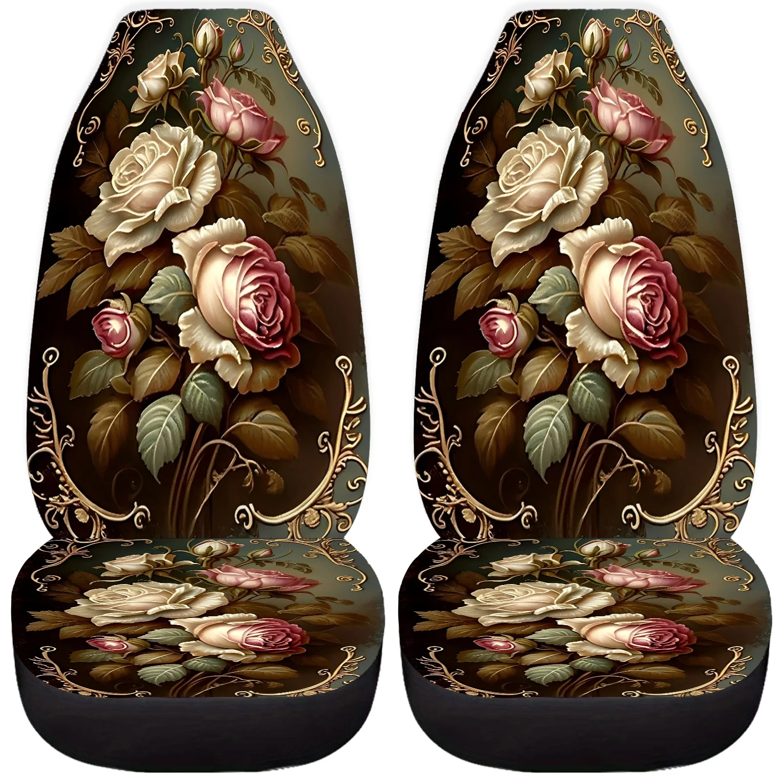 قطعتان من أغطية مقاعد السيارة المطبوعة بالفن الوردي للنساء والرجال، واقي المقاعد الأمامية للسيارات العالمية يناسب السيارات وسيارات الدفع الرباعي وسيارات السيدان والشاحنات، #3