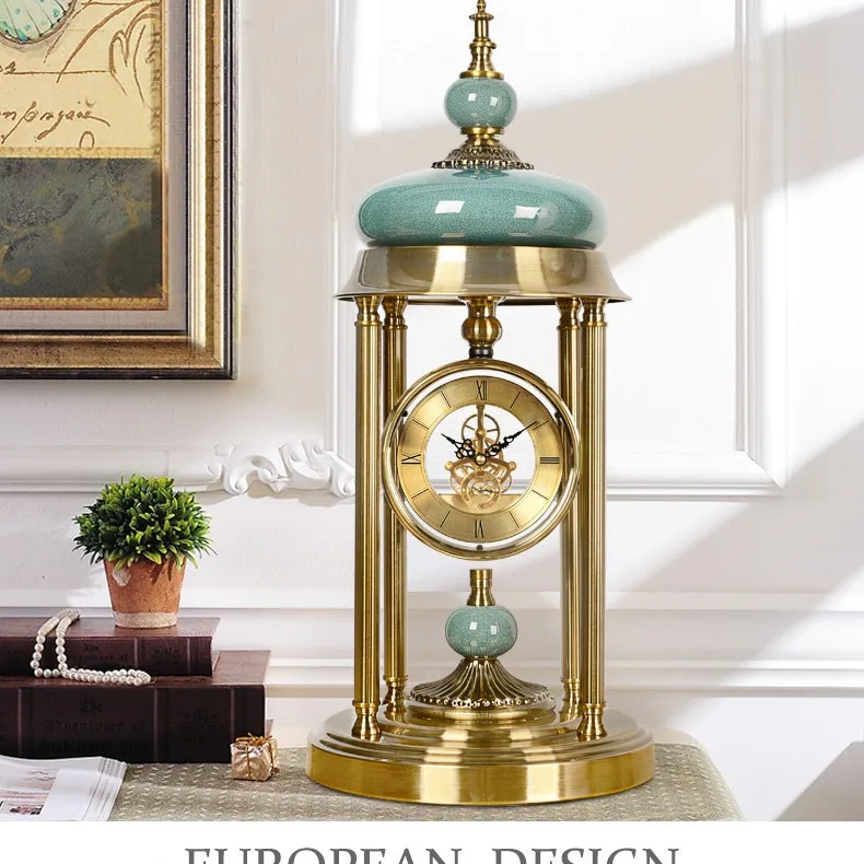 European style Living Room Vintage Copper-plated Metallic Ice-flower Crackle Ceramic Mantel Desk Clock Decorative Table