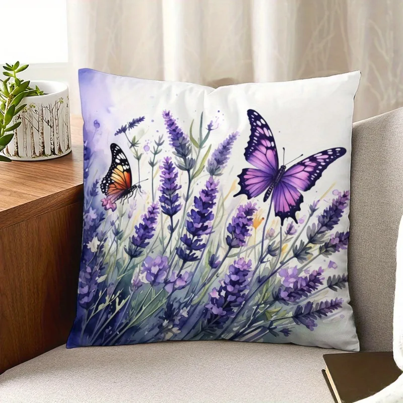 Contemporary Style Watercolor Lavender Flowers Purple Butterflies Pattern Printed Pillowcase No Pillow Core Square Cushion Cover