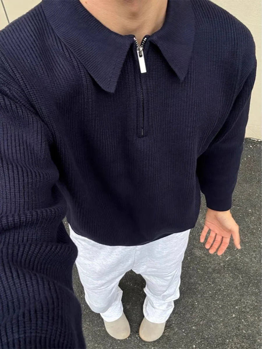 سترة رجالية محبوكة بنمط أمريكي شبه سحابي، ملابس تريكو بياقة بولو غير رسمية عتيقة للخريف والشتاء، لون أزرق غامق