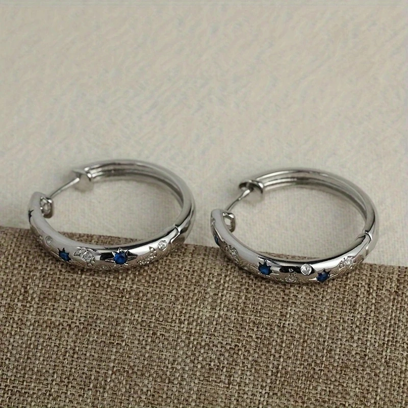 Silvery Blue Zircon Hoop Earrings For Women Star Moon Galaxy Starry Blue Zircon Luxury Jewelry Gifts 1Pair