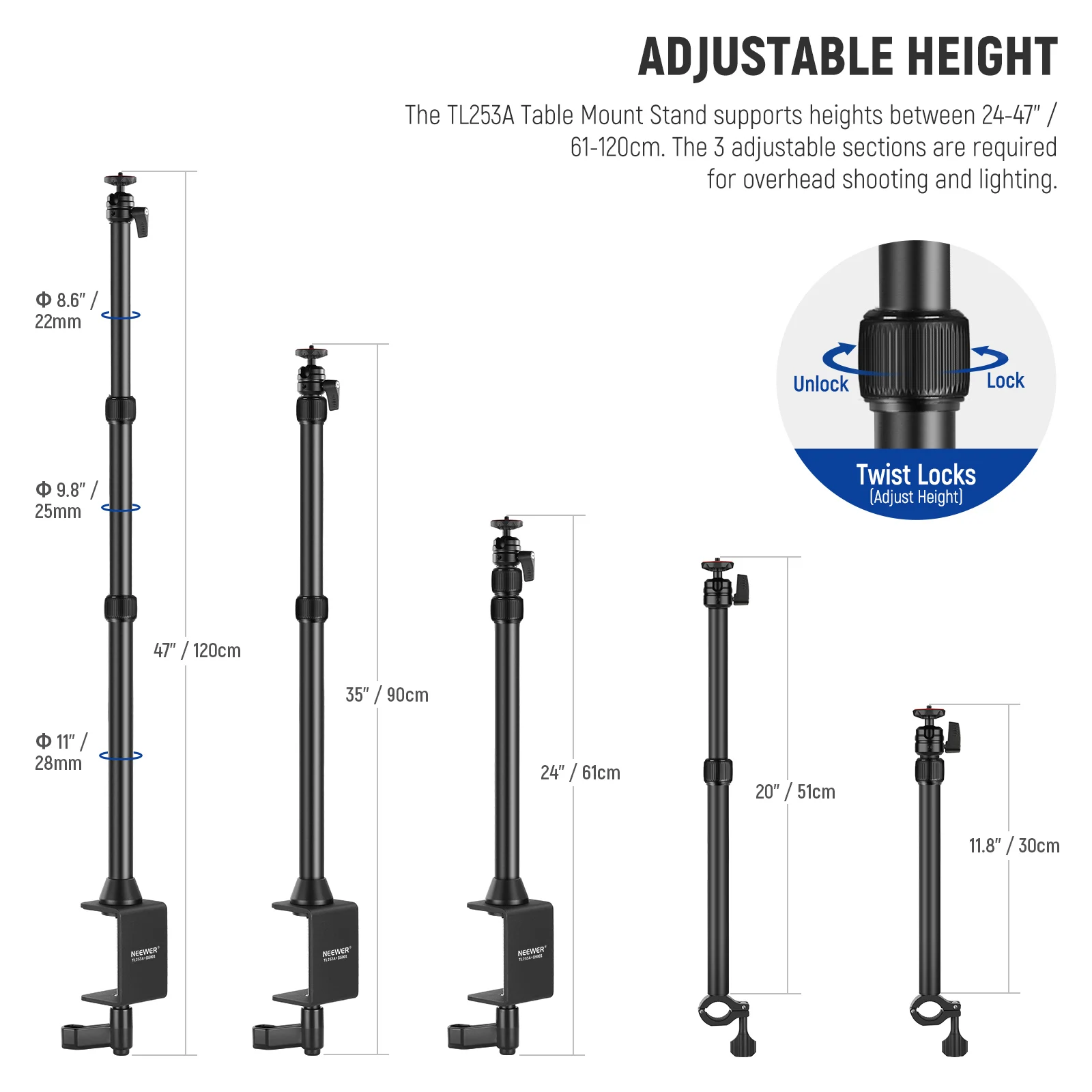 NEEWER Tabletop Overhead Camera Mount Stand with 2 Section Telescopic Extension Arm, Phone Holder, Ball Heads, Screw Adapters,