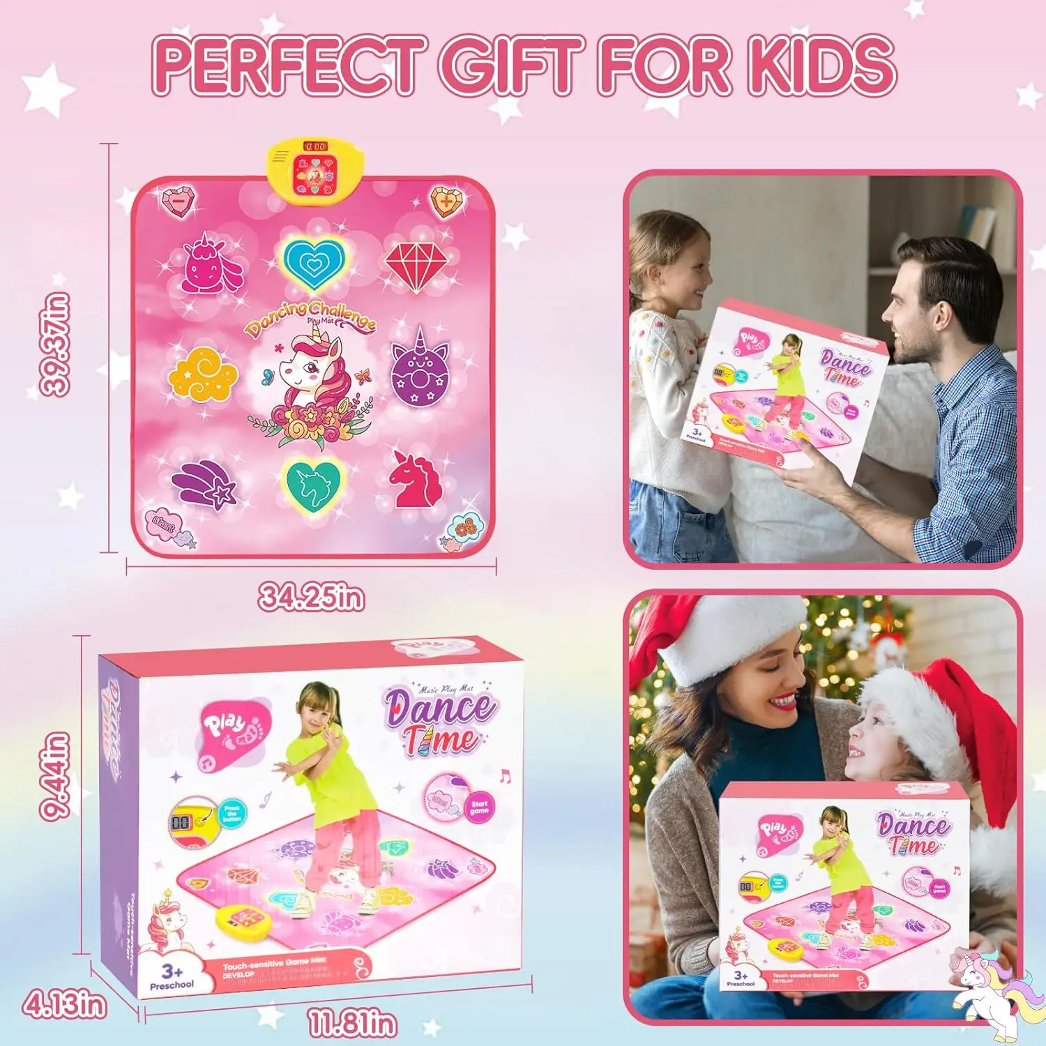 ダンスマット ユニコーン グロー 女の子用、ミュージックチャレンジパッド 34x25インチ、家族向け屋内エンターテイメント、究極の子供向けギフトの選択肢。