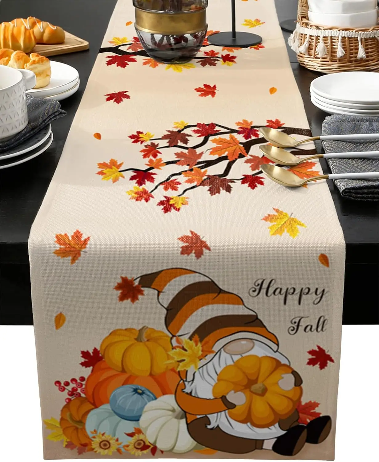 

Fall Gnomes Llinen Table Runners Thanksgiving Autumn Pumpkin Maple Leaves Table Runner Holiday Party Kitchen Dining Table Decor