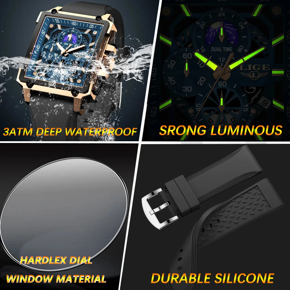 New LIGE Mens Watches Top Brand Luxury Hollow Square Sport Watch For Men Fashion Silicone Strap Waterproof Quartz WristWatch+Box