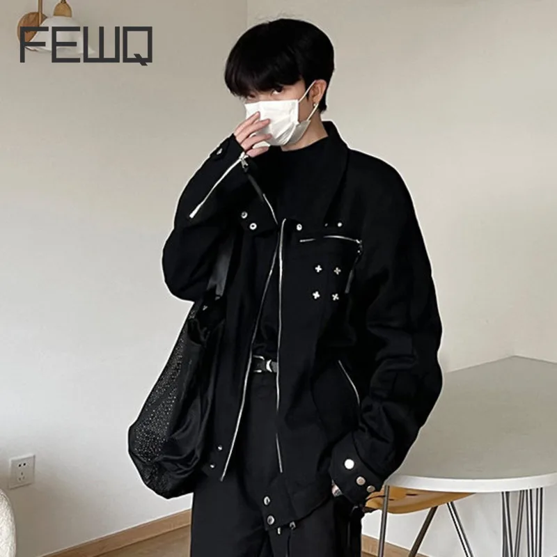 FEWQ American High Street Darkwear Metal Loose Denim Coat 2023 Metal Decoration Long Sleeve Male Jacket Fashion Autumn 24X3104