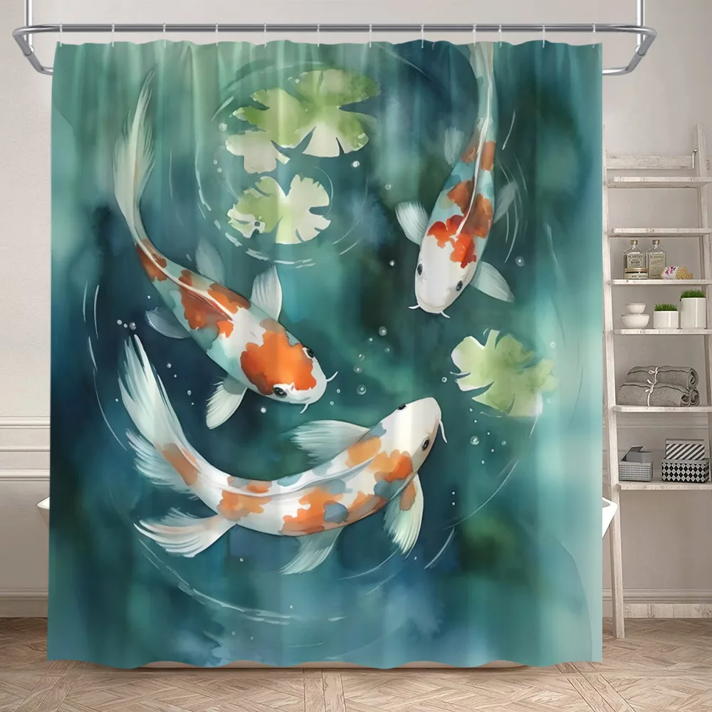 Lotus Carp Shower Curtain Lake Green Leaves White Flowers Koi Fish Chinese Style Bath Curtains Fabric Home Bathroom Decor Set