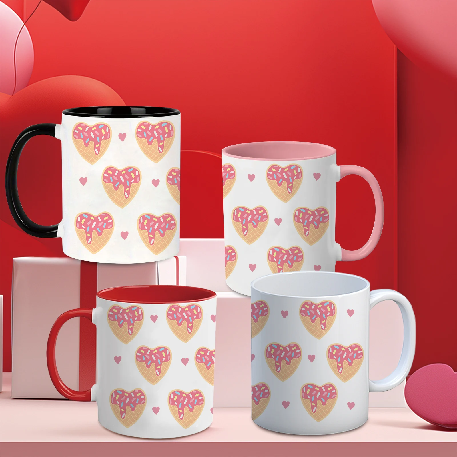 

2025 1pc Heart Shaped Desserts 3d Printed Hot Cocoa Mug 11oz Ceramic Mug Tea Milk Coffee Cup Valentine's Day Anniversary Gifts