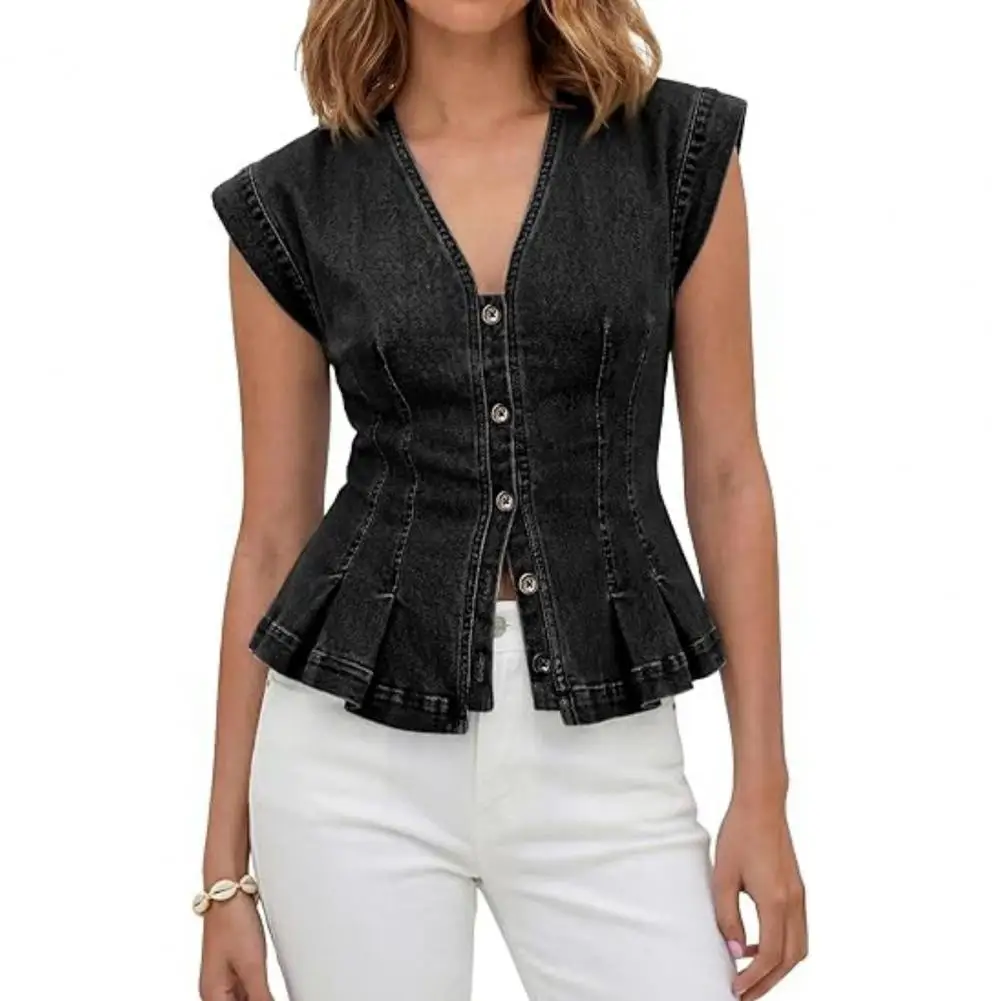 2026 Women Denim Vest V Neck Denim Vest Top Sleeveless Button Down Ruffle Trim Jean Top Summer Casual Buttoned Sleeveless Vest