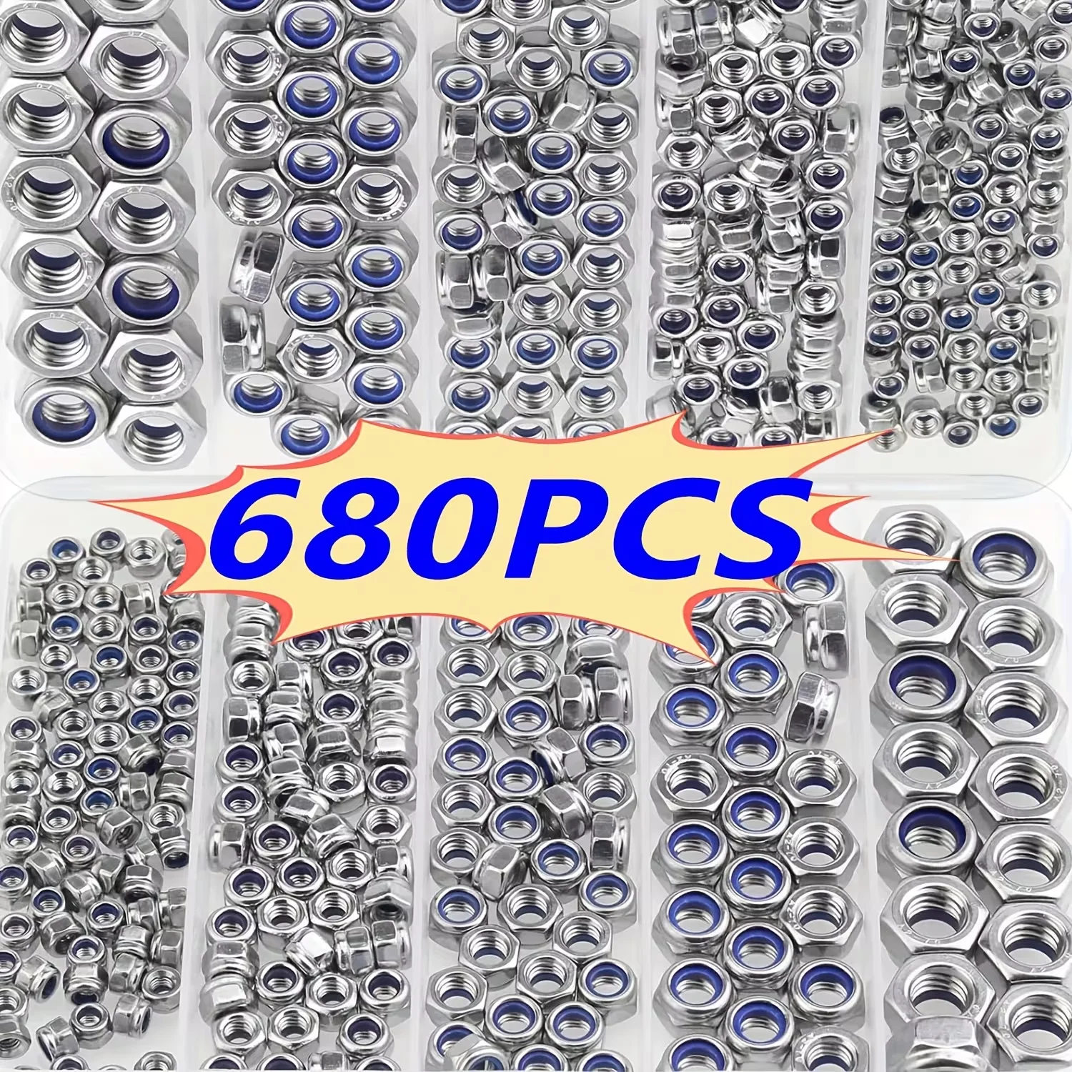 

680pcs Anti-Lock Hexagonal Nuts - Anti-Slip Full-Thread Fasteners, M3/M4/M5/M6/M8/M10, for Industrial, Construction, Electronic,
