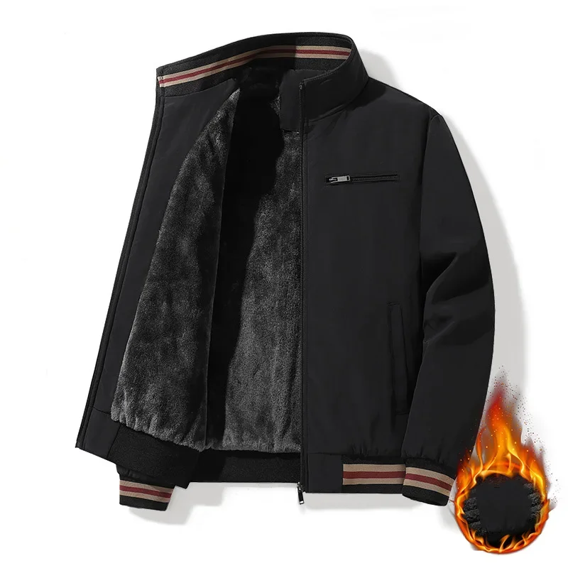 Man Plush Jacket Autumn Winter Thicken Cold-proof Long Sleeve Men Coat Striped Stand Collar Business Casual Male Outerwear